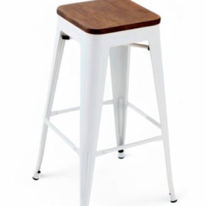 Taburete alto de hierro blanco y asiento de bambu - Industrial